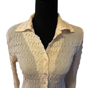 Vintage 90s Komarov Cream Textured Crinkle Button-Down Shirt size Small